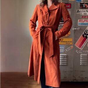 Vintage 70s Suede Trench Coat | Rust Orange Belted Maxi Jacket | Size M